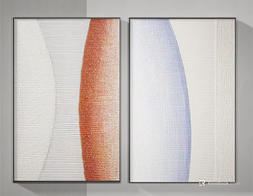 Two Panel Modern Abstract Wall Art With Orange Blue White Stripes 3d model