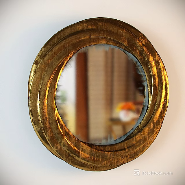 Round Textured Gold Frame Mirror Reflecting Indoor Window Blinds and Decor 3d model 