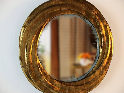 Round Textured Gold Frame Mirror Reflecting Indoor Window Blinds and Decor 3d model