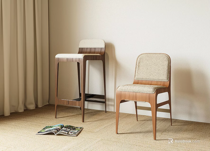 Modern Dining Chair And Bar Stool With Wooden Frame And Upholstered Seat In Cozy Interior 3d model 