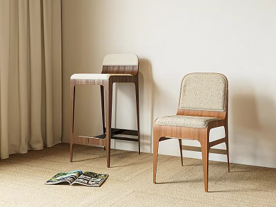 Modern Dining Chair And Bar Stool With Wooden Frame And Upholstered Seat In Cozy Interior 3d model