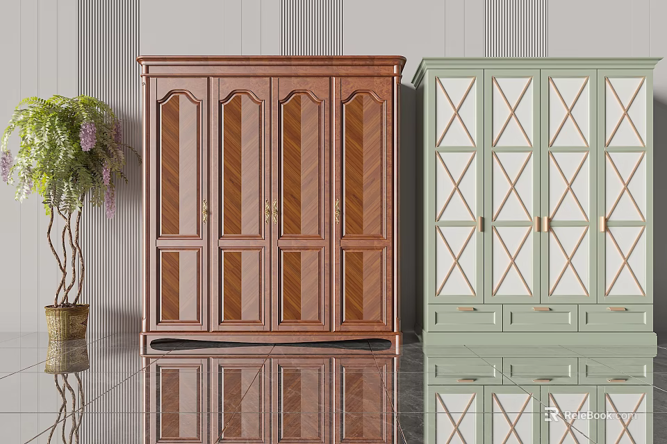 Dual Stylish Wardrobes Featuring Brown Wood Arched Doors And Green Cross Pattern Design 3d model 