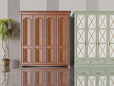 Dual Stylish Wardrobes Featuring Brown Wood Arched Doors And Green Cross Pattern Design 3d model