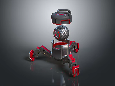 Smart Robot With Mechanical Legs Spherical Head And Red Black Metallic Structure 3d model