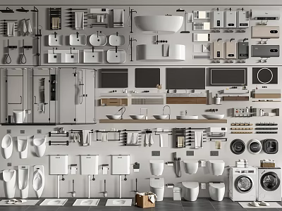 Modern Bathroom Fixtures Set With Toilets Sinks Bathtubs Faucets And Storage Shelves 3d model