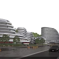 Modern Sleek Hotel Building With Curved Glass Facade Trees Road And Landscaped Gardens