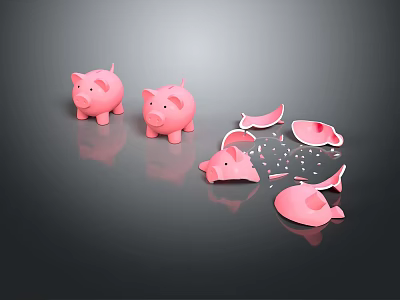 Ornamental Decor Set Featuring Intact And Broken Pink Piggy Banks With Shattered Fragments 3d model