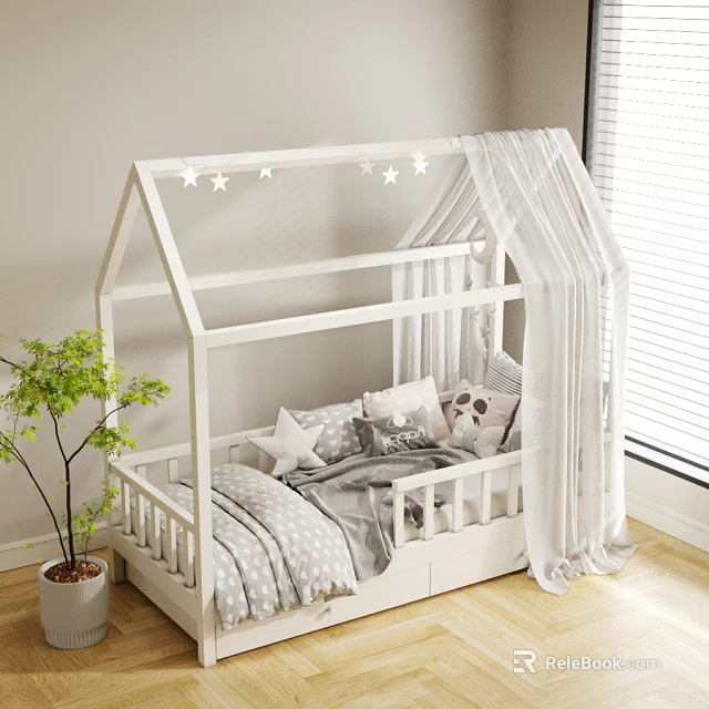 White House Shaped Children's Bed With Star Decorations Curtains Gray Bedding Pillows And Green Plant 3d model 