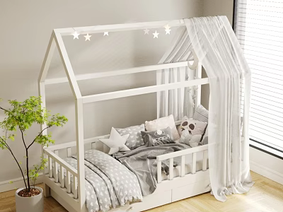 White House Shaped Children's Bed With Star Decorations Curtains Gray Bedding Pillows And Green Plant 3d model