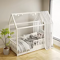 White House Shaped Children's Bed With Star Decorations Curtains Gray Bedding Pillows And Green Plant
