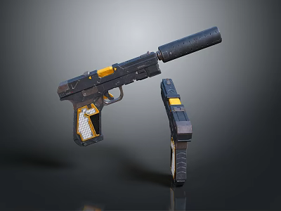 Futuristic Tactical Pistol with Black Yellow Accents Grip Barrel and Modular Components 3d model