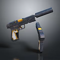 Futuristic Tactical Pistol with Black Yellow Accents Grip Barrel and Modular Components
