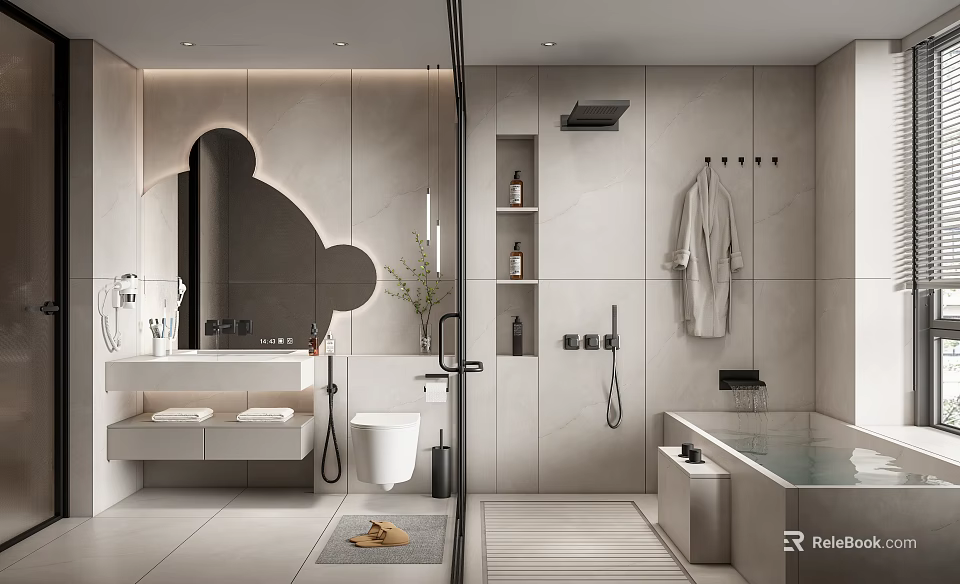 Modern Bathroom Interior Design With Light Colored Tiles Unique Mirror Vanity Bathtub And Shower 3d model 
