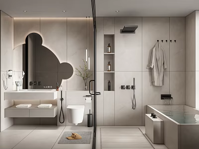 Modern Bathroom Interior Design With Light Colored Tiles Unique Mirror Vanity Bathtub And Shower 3d model