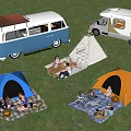 Scenic Camping Site With Camper Vans Colorful Tents And Teepee For Outdoor Picnic