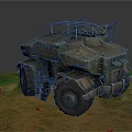 Military Armored Vehicle With Green Camouflage Multi Wheel And Roof Antenna On Rusty Red Ground