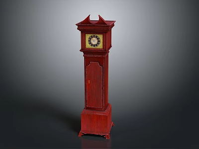 Red Wooden Grandfather Clock With Round Clock Face And Decorative Top 3d model