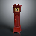 Red Wooden Grandfather Clock With Round Clock Face And Decorative Top