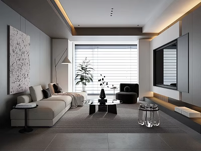 Modern Living Room Interior With Beige Sofa Black Armchair And Large Abstract Painting 3d model