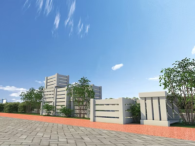 Rural Landscape With Modern Buildings Gray Walls Trees Blue Sky Red Brick Pavement 3d model