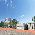 Rural Landscape With Modern Buildings Gray Walls Trees Blue Sky Red Brick Pavement