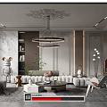 Elegant Living Room Interior Design With Chandelier Light Gray Sofa Coffee Table Bookshelf And Plant