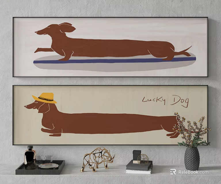 Dachshund Wall Decor Artwork With Surfboard Yellow Hat And Lucky Dog Elements 3d model