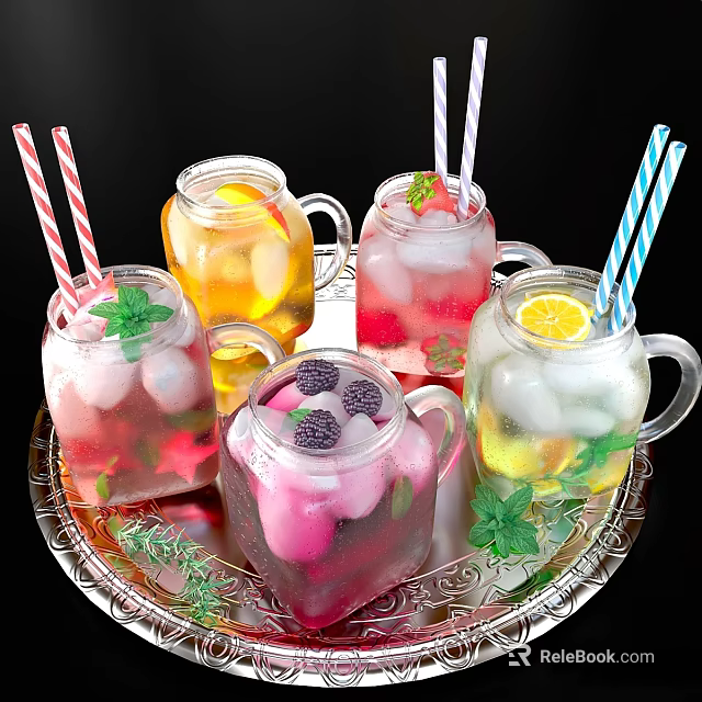 Refreshing Glass Jar Beverages With Fruits Ice Cubes Mint Leaves Striped Straws On Silver Tray 3d model 