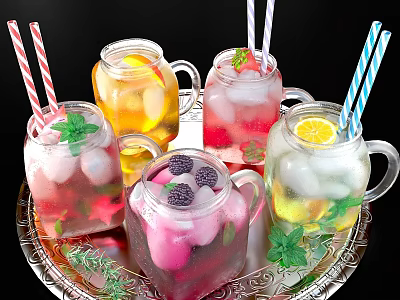 Refreshing Glass Jar Beverages With Fruits Ice Cubes Mint Leaves Striped Straws On Silver Tray 3d model