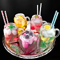Refreshing Glass Jar Beverages With Fruits Ice Cubes Mint Leaves Striped Straws On Silver Tray