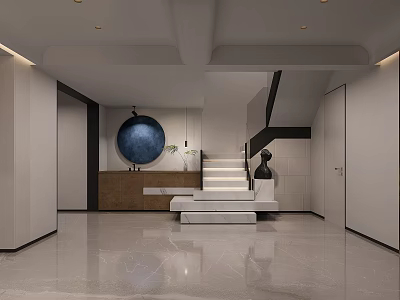 Modern Basement Design With Marble Floor Staircase Circular Decoration And Reception Counter 3d model