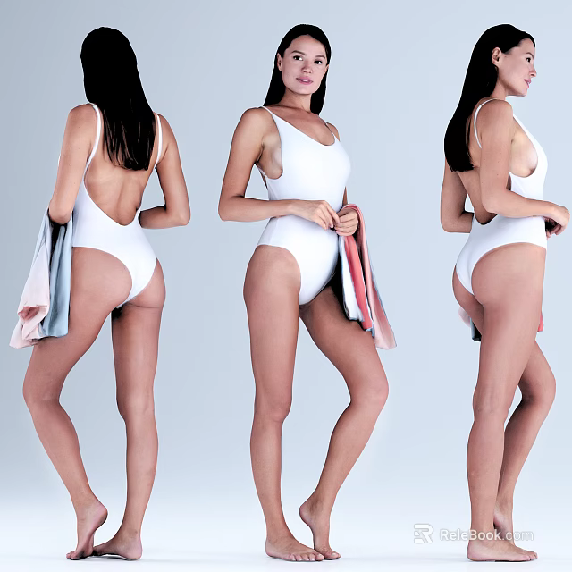 Three Women In White Swimsuits Posing From Different Angles With Colorful Towels 3d model 