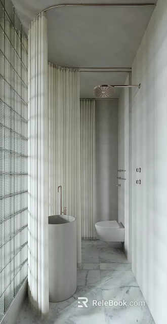 Minimalist White Bathroom Interior With Bamboo Partition Round Sink Brass Faucet And Toilet 3d model 