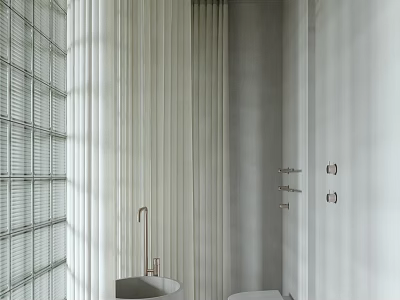 Minimalist White Bathroom Interior With Bamboo Partition Round Sink Brass Faucet And Toilet 3d model
