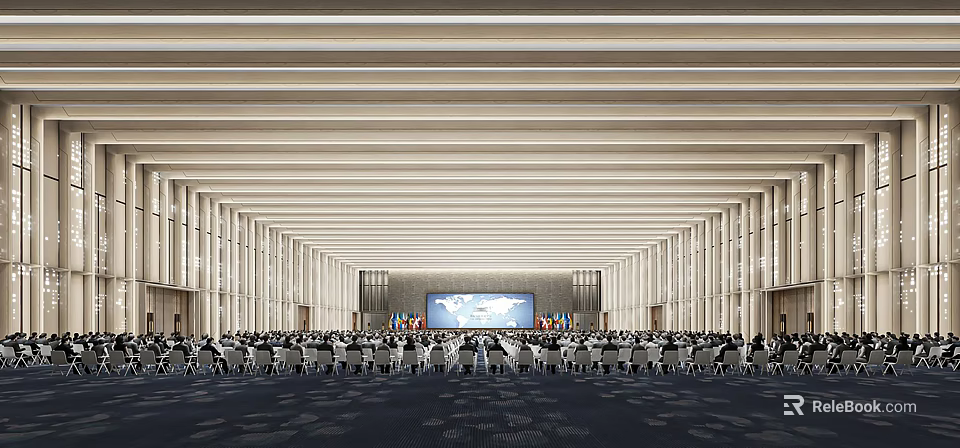 Large Conference Room With Many Chairs Front Large Screen National Flags And Strip Light Ceiling 3d model 