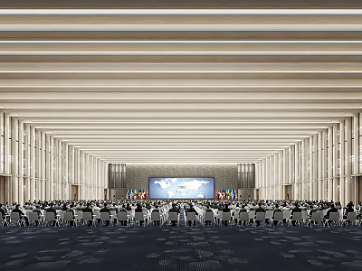 Large Conference Room With Many Chairs Front Large Screen National Flags And Strip Light Ceiling 3d model