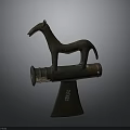 Ancient Bronze Horse Sculpture With Axe Shaped Base And Carved Details