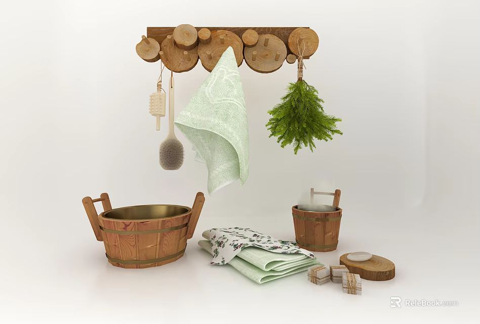 Rustic Bathroom Accessories With Wooden Slice Rack Green Plant Brush Folded Towels And Wooden Bucket 3d model 