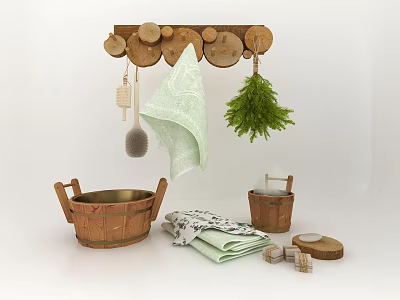 Rustic Bathroom Accessories With Wooden Slice Rack Green Plant Brush Folded Towels And Wooden Bucket 3d model