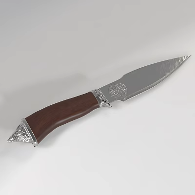 Handcrafted Tactical Knife With Textured Blade Wooden Handle And Metal Emblem 3d model