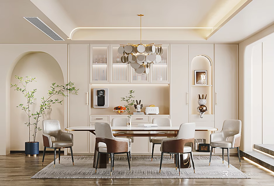 Modern Dining Room Interior With Arch Design Dining Table Chairs Pendant Light And Green Plant 3d model 