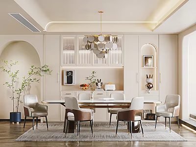 Modern Dining Room Interior With Arch Design Dining Table Chairs Pendant Light And Green Plant 3d model