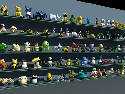 Display of Colorful Stuffed Toys With Multiple Shelves And Diverse Characters 3d model