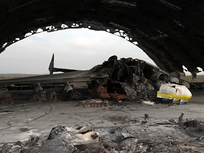 Airplane Wreckage Under Arched Structure With Charred Debris And Yellow Package 3d model