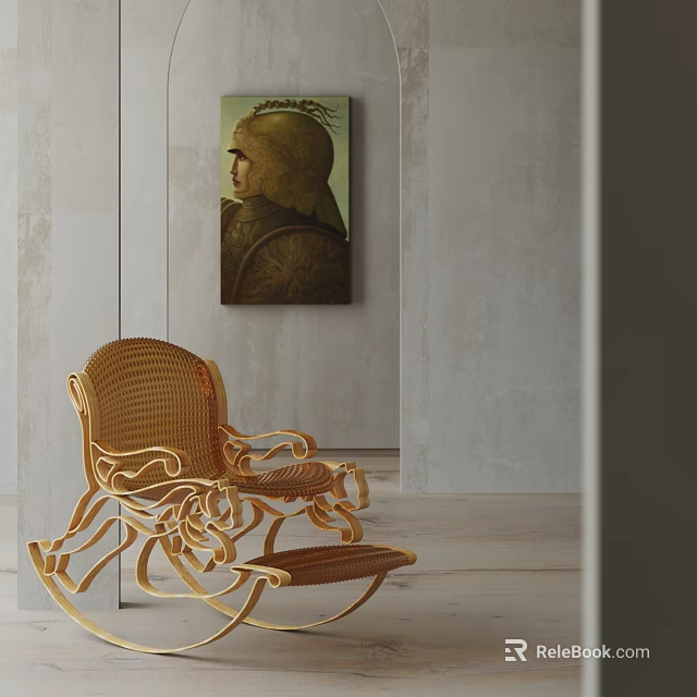 Cozy Wicker Rocking Chair With Matching Ottoman Against Gray Wall And Decorative Painting 3d model 