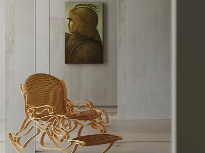 Cozy Wicker Rocking Chair With Matching Ottoman Against Gray Wall And Decorative Painting 3d model