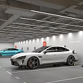 Modern Well Lit Parking Garage With Electric Cars Charging Stations White And Blue Vehicles