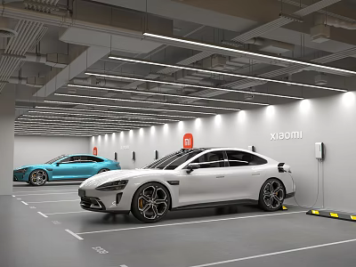 Modern Well Lit Parking Garage With Electric Cars Charging Stations White And Blue Vehicles 3d model