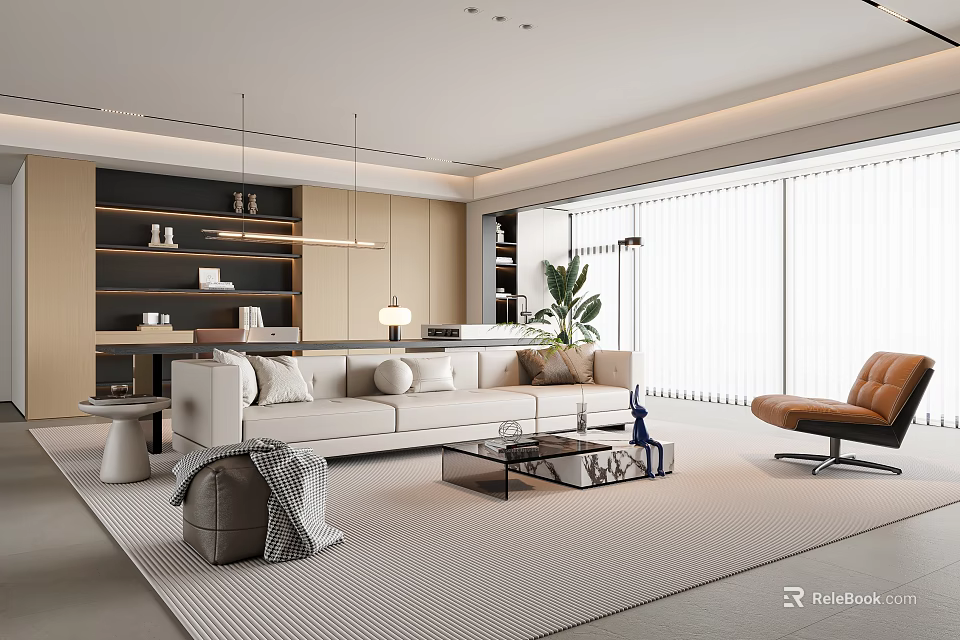 Modern Living Room Interior Design With White Sofa Glass Coffee Table And Brown Armchair 3d model 