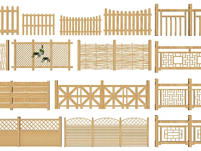 Various Wooden Fence Designs Featuring Lattice Picket and Woven Patterns for Outdoor Spaces 3d model